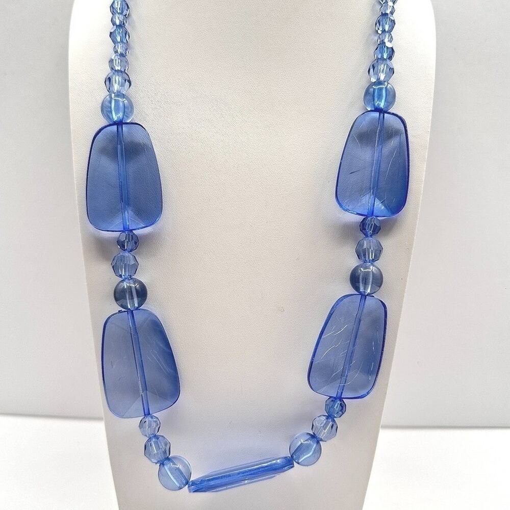Vintage 90s Y2K Chunky Blue Beaded Glass Statement Necklace Boho Women's Jewelry